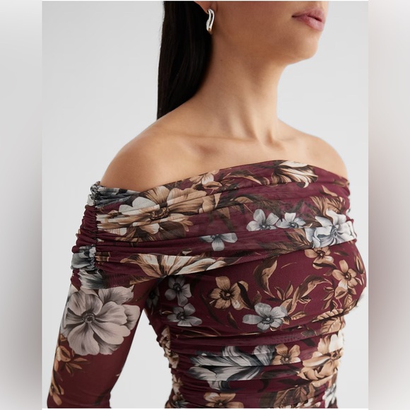 Express Body Contour Mesh Floral Off The Shoulder Ruched Midi Dress - Picture 5 of 7